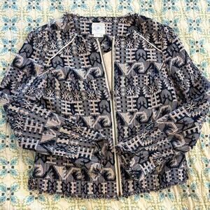 Hei Hei Anthropologie Textured Woven Cotton Jacket w Frayed Edges